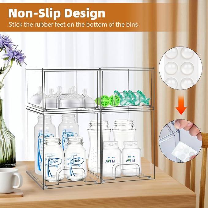 Baby Bottle Organizer, Stackable Storage Drawers with Label, Clear Station Organizers Container for Pacifiers, Pump Parts, Desk Organizer Bins for Bathroom, Cabinet, Pantry, Vanity, Countertop, 4 Pack - Image 5