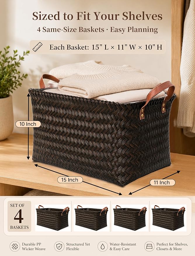 Wicker Storage Baskets, 4 Pack Woven Baskets for Shelves, Dark Gold | PP Rattan, Water-resistant Wicker Basket, Large Baskets with Faux Leather Handles for Blanket, Laundry Organizer, Room Decor - Image 2