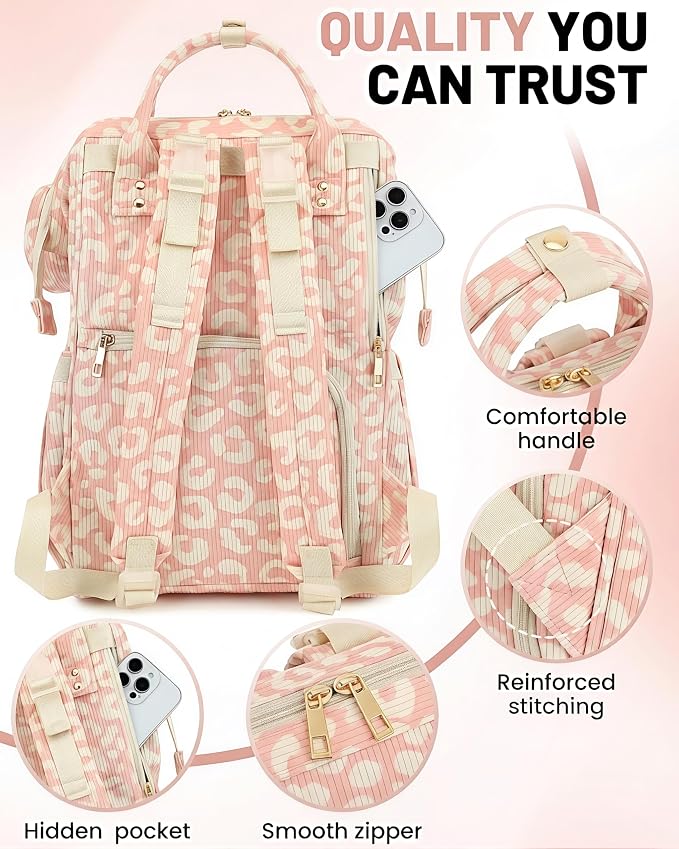 Corduroy Diaper Bag Backpack, Large Capacity Multifunction Baby Diaper Bags for Women, Insulated Bottle Pockets & Pacifier Case, Stylish Travel Nappy Changing Bags for Mom Dad (Leopard Pink) - Image 6