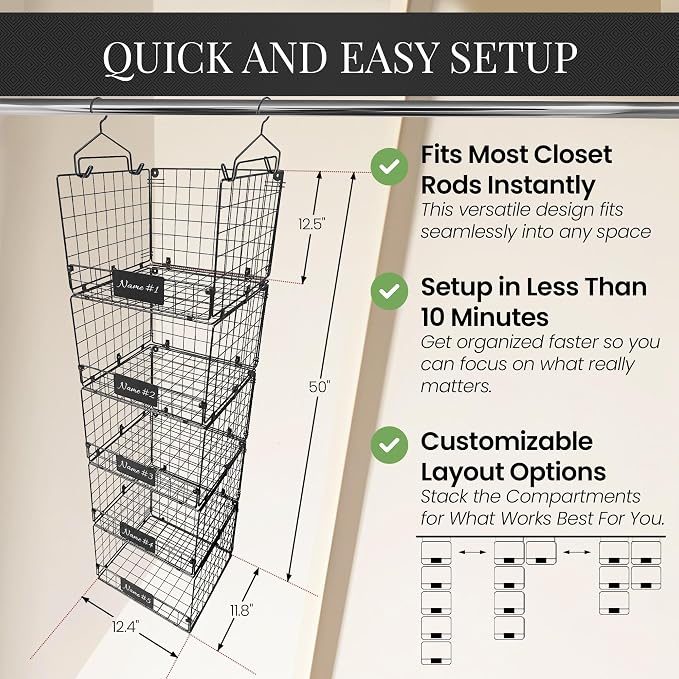 DECOLURE 5-Tier Adjustable Hanging Closet Organizer – Maximize Hanging Storage w/ 4 Hanging Hooks, 8 S Hooks & 5 Name Plates - Sturdy Foldable Wire Storage Hanging Shelves for Clothes, Towels (Black) - Image 2