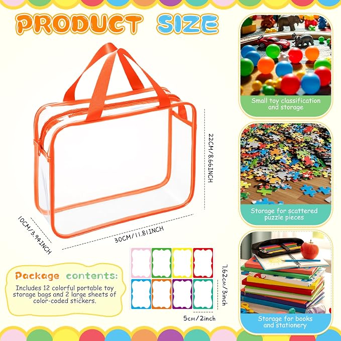 Shinylin 12 Packs Large Toy Storage Bags with Labels Clear PVC Toy Organizer with Zipper Colorful Classroom Storage Reusable Waterproof Organizer for Playroom School Blocks Game (Vibrant Colors) - Image 2