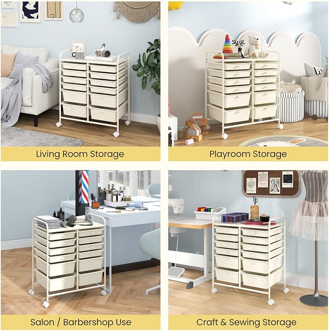 Giantex 12 Drawers Rolling Storage Cart, Classroom Organizers with Wheels for Tools Scrapbook Craft Paper Teacher Office School Supplies (Ivory) - Image 8