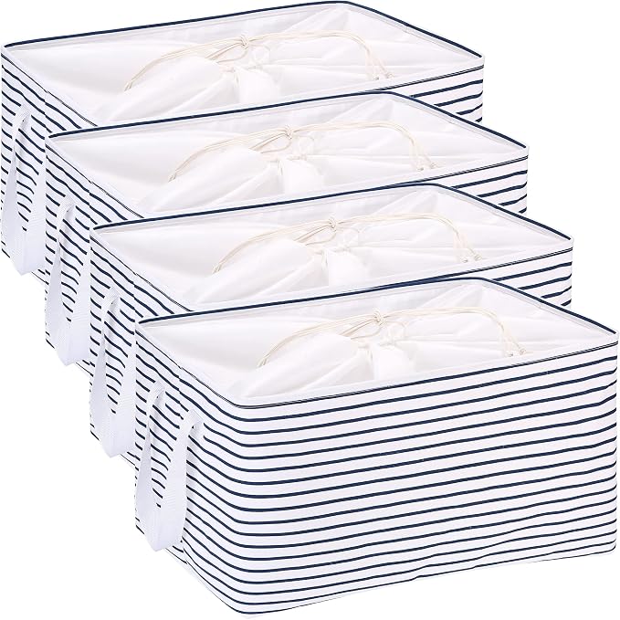 Hinwo 102L XXL Canvas Storage Bin with Lid and Handles, 4-Pack | Collapsible Fabric Baskets, Closet Shelf Organizers, Containers for Clothing, Blankets, Toys, Bedding (Navy Stripe) by Hinwo