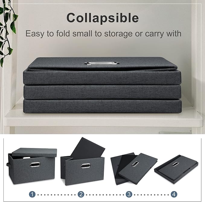Graciadeco Medium 15" 21 Quart Collapsible Stackable Storage Bins with Lids, 3 Packs Dark Grey Foldable Fabric Closet Boxes Heavy-duty Linen Cube Baskets Container for Bedroom Office (15 x 11 x 8) | 21 Quart 3 Pack Dark Gray Collapsible Stackable Linen... - Image 4