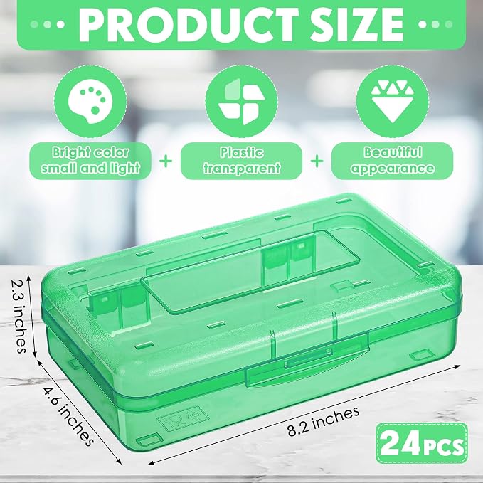Fainne 24 Pack Clear Plastic Pencil Box,Green | Stackable Organizer for School Supplies, Large Case for Crayons Markers, Snap-lid Keeps Stationery Secure, Bulk Set - Image 2