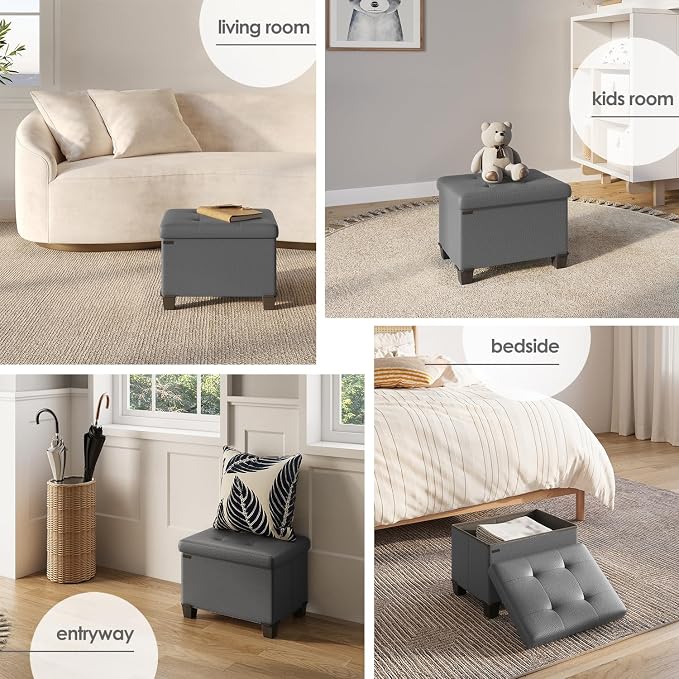 Storage Ottoman Cube with Small Bin, 16-in Square Ottoman with Storage for Living Room and Bedroom, Small Ottomans Foot Rest, Leather Foot Stools Ottomans Max 330lbs, Grey - Image 4