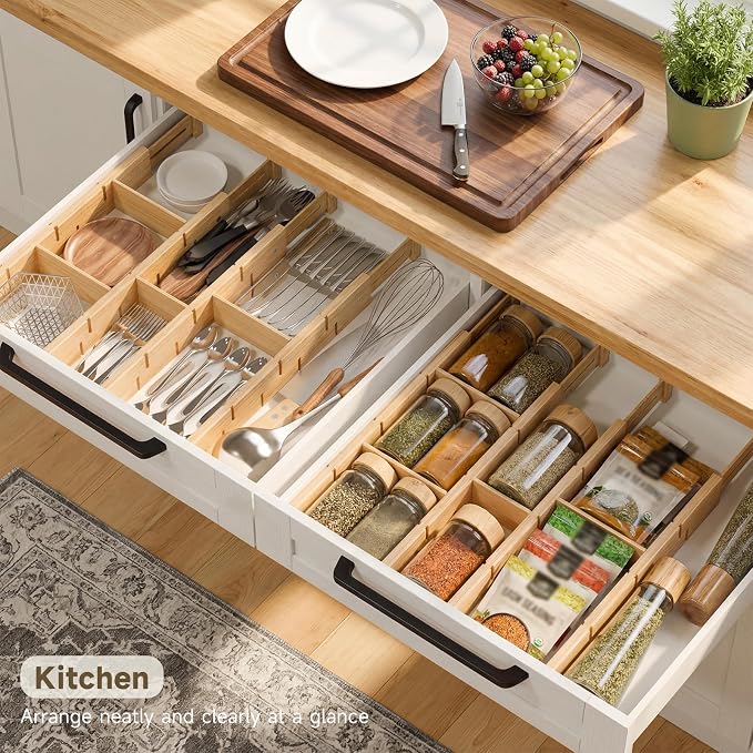 Bamboo Drawer Dividers, Expandable Kitchen Drawer Organizer | Include 8 Dividers, 8 Small Inserts and 8 Medium Inserts for Home, Office, Dressers - Image 4