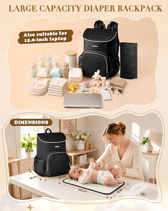 Marscamd Diaper Bag Backpack with Changing Pad, Large Baby Bag, Black | with Stroller Straps, Insulted Bottle Pockets, Luggage sleeve, for Travel & Labor Delivery - Image 5