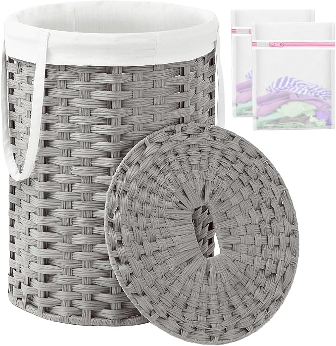 SETVSON Laundry Hamper with Lid Laundry Basket with Lid 19.0 Gal, Gray | Round Clothes Organizer with Lid, Removable Inner Liner Bag with Handles, 2 Mesh Wash Bags, Easy 5-Minute Assembly by SETVSON