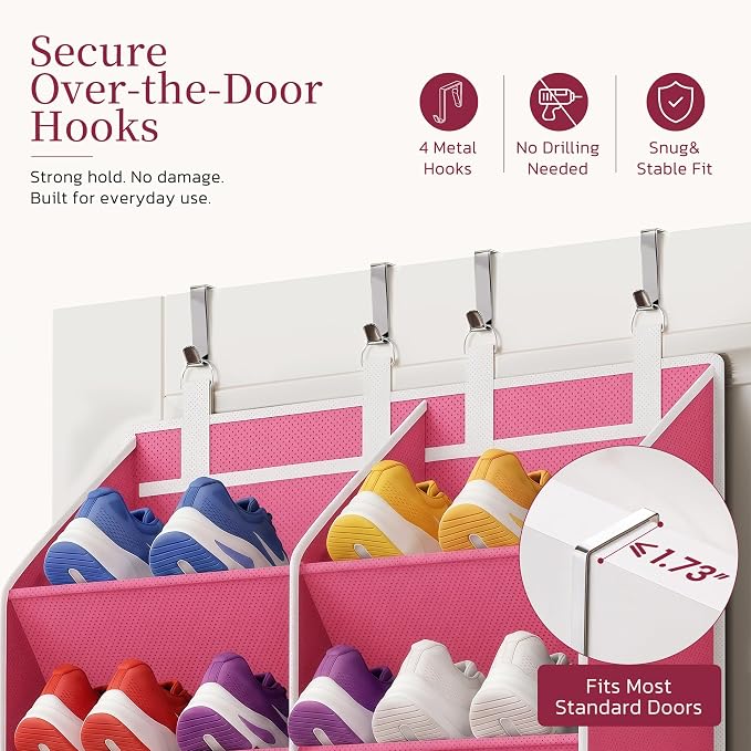 Over the Door Shoe Organizer, 20-30 Pairs Heavy-Duty Hanging Shoe Storage with Large Pockets, 10-Tier Door Shoe Rack with 4 Hooks for Sneakers Sandals Heels Boots (Pink) - Image 4