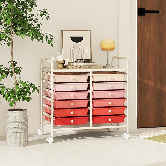 RELAX4LIFE 12-Drawer Rolling Storage Cart - Mobile Utility Cart on Wheels for School Classroom Teacher Office Salon, Paper File Art Supply Craft Organizer, Rolling Cart with Drawers (Gradient Pink) - Image 9