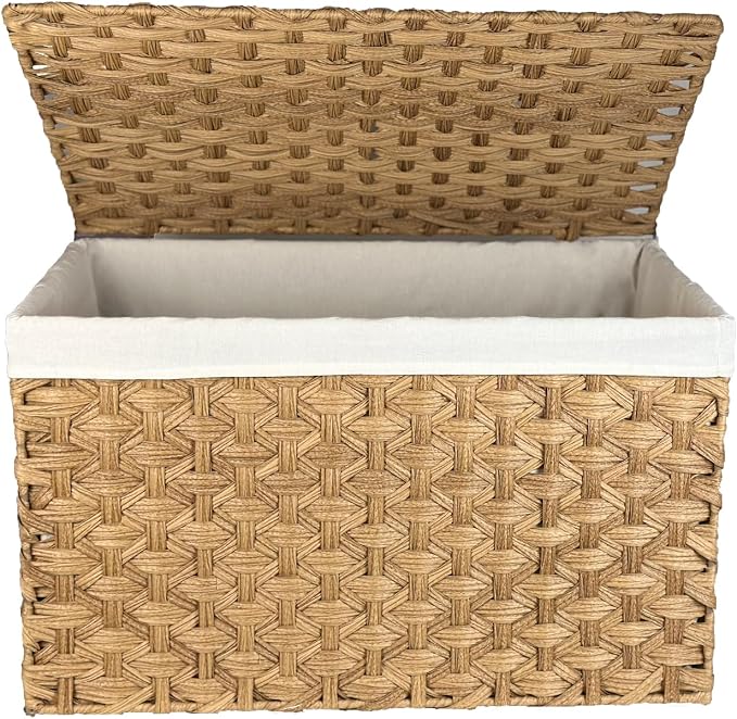 Wicker Storage Basket with Lid, 42.3 Gallon (160L) Large Blanket Basket with Lid, Woven Storage Bin with Handles, Removable Liner, Metal Frame, Foldable, for Bedroom, Laundry Room, Natural - Image 5