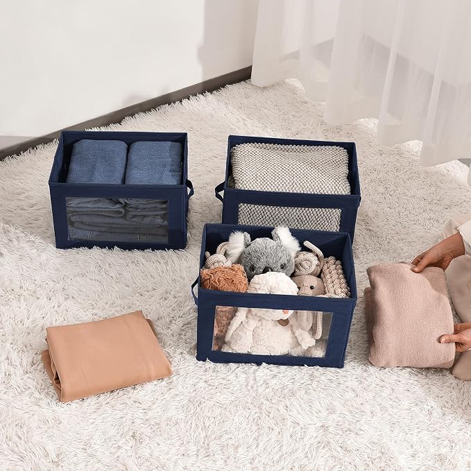 Minimalist 6 Pack Large Fabric Storage Bins with Lids, Navy Blue, 14 Inch. - 6 Count, Ideal for Clothes, Books, CD, Bedroom, Living Room - Image 6