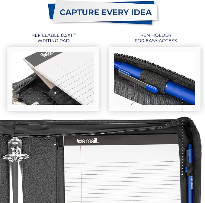 Samsill Professional Padfolio/Portfolio with Zippered Closure Case, 2 Inch Removable Round Ring Binder, Retractable Handles, Interior 10.1” Tablet Sleeve, Black - Image 6