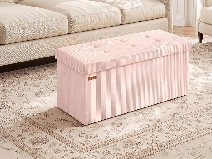 SONGMICS Mazie Collection - Storage Ottoman Bench, Foldable Foot Rest, 15 x 30 x 15 Inches, End of Bed Bench, Storage Chest, Load 660 lb, Living Room, Bedroom, Entryway, Jelly Pink ULSF603R01 by Unknown