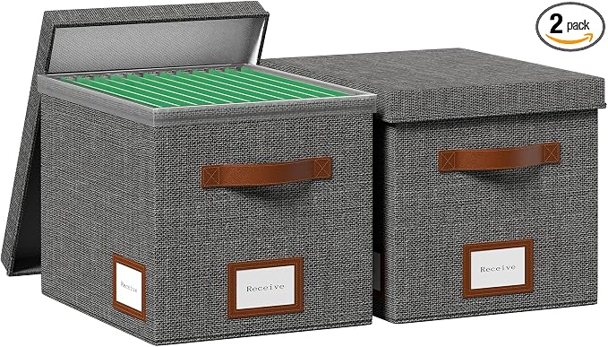 File Organizer Box with Lid File Box for Hanging Decorative File Organizer with One-Piece Integrated Plastic Slide Rail(Grey, 13.2x10.1x10.1inch(2pack)) by FileOrganizerBoxeswithLid