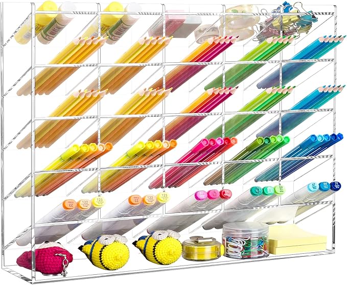 BEYGORM Acrylic Vertical Marker Organizer for 310 Markers, Desk Orgaizer | 26 Compartments Clear Angled Pen & Pencil Holder, Large Stationery & Art Supply Storage for School (14.9 x 12.4 x 4 Inch) by BEYGORM