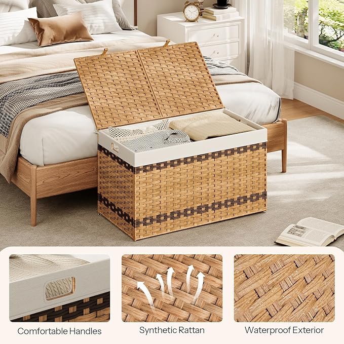 HOOBRO Storage Basket with Lid, 42.3 Gallon (160L) Wicker Storage Basket with 2 Separate Lid, Blanket Storage Bin with 2 Removable Liner Bags, for Bedroom, Laundry, Natural and Brown NL276CW01 - Image 8