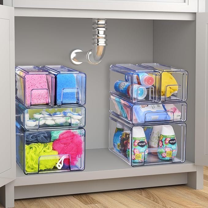 Sorbus Clear Stackable Storage Drawers (1 Medium + 2 Small) | Plastic medicine-cabinet bins with handles and pull-out access for bathrooms, closets, pantries and baby bottles. - Image 6