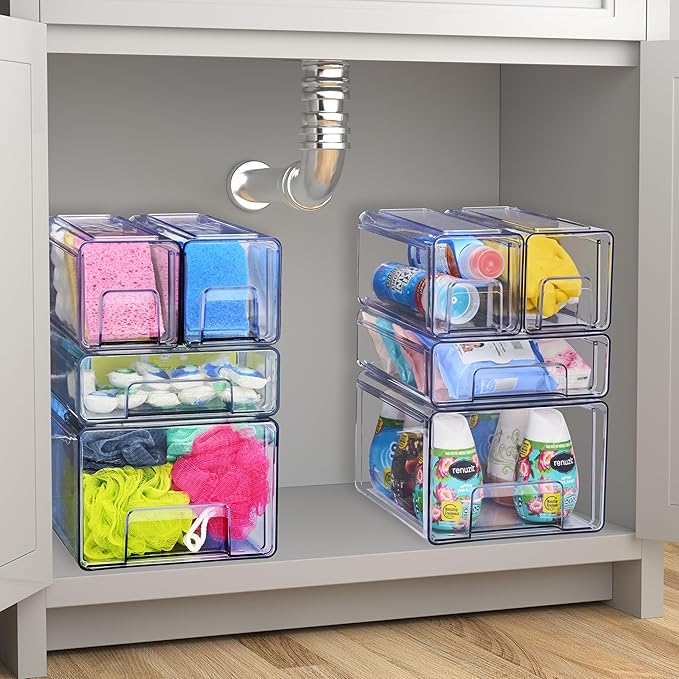 Sorbus Clear Stackable Storage Drawers with Handles (Large, 2 Pack) | Pull-out cabinet organization with multipack plastic bins for bathrooms, closets, medicine, pantries and baby bottles. - Image 6