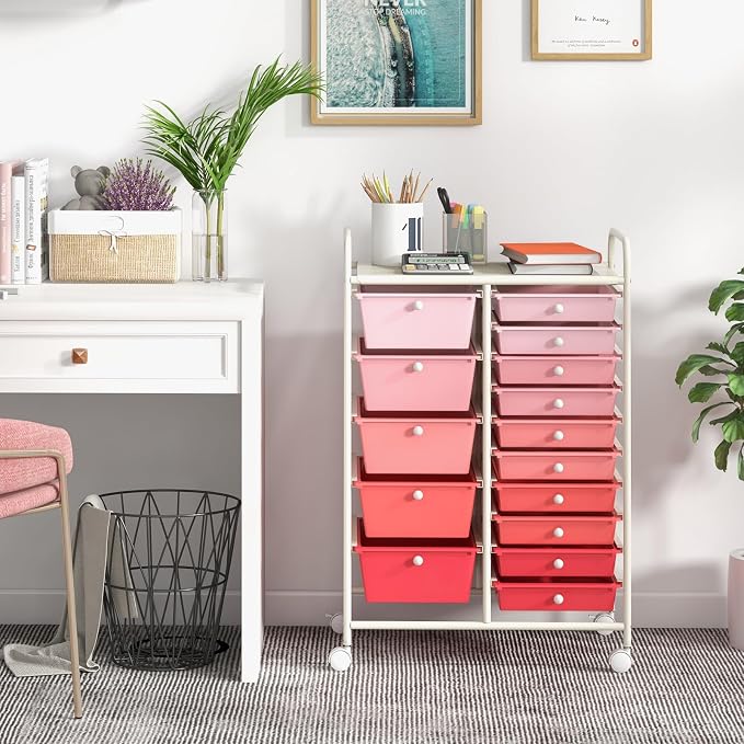 Giantex 15 Drawers Rolling Cart, Classroom Organizers, Storage Cart with Wheels, for Teacher Office Home School Supplies Tool Craft Art Paper - Image 2