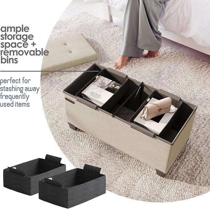 Storage Ottoman Bench with Bins, 30-in Storage Bench for Bedroom End of Bed, Folding Foot Rest Ottoman for Living Room Max 660lbs, Fabric Ottomans, Beige - Image 3