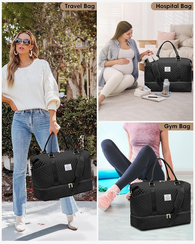 Large Women Travel Duffle Bag - Carry on Overnight Bags Weekend Travel Duffel Tote with Wet Pocket Weekender for Travel Business Trips Sports Hospital Black 3 Pcs Set - Image 7