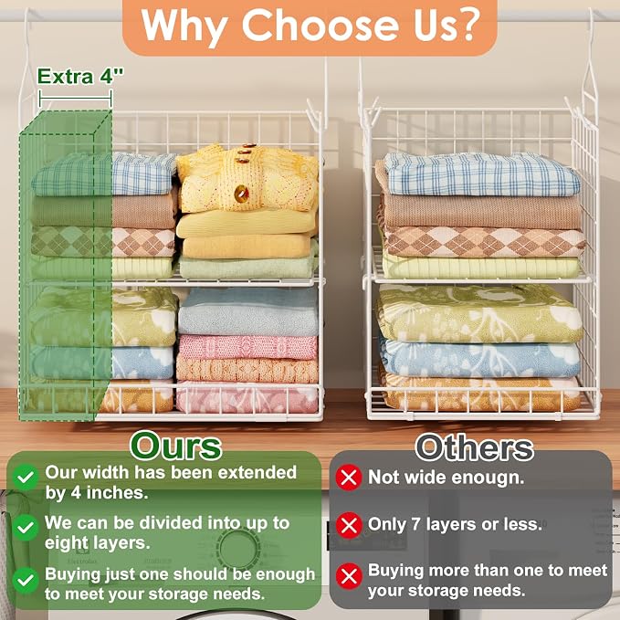 Extended Width Hanging Closet Organizer, 8 Tier Wire Storage Shelves | Hanging Closet Shelves Stackable Adjustable Detachable Foldable Heavy Duty - Image 4