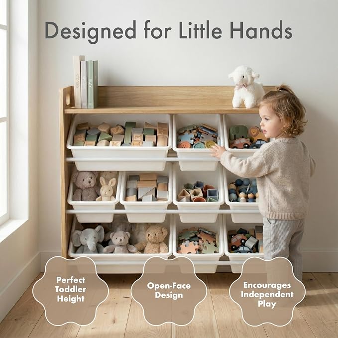 Humble Crew Kids Toy Organizer with Display Shelf, 9 Bins, 3 Tier Storage | Sturdy wood and steel toddler shelf, removable BPA-free containers, wall anchor anti-tip safety kit for bedroom or classroom - Image 3