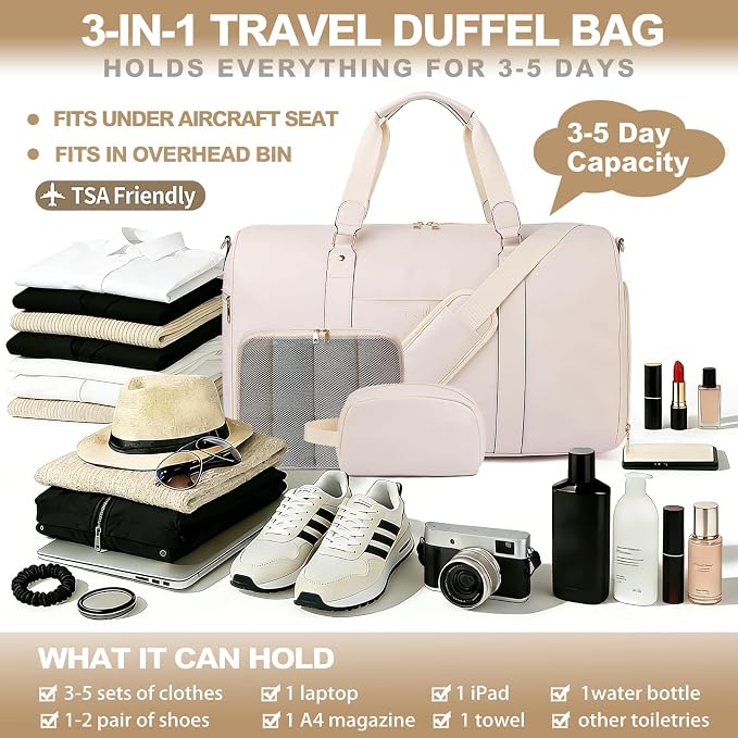 Large 3-in-1 Leather Duffle Bag for Travel Weekender Overnight Hospital Gym Bag for Men & Women, Carry On Airline Approved Personal Item Duffel Garment Bag Luggage with Shoe Compartment & Toiletry Bag - Image 5