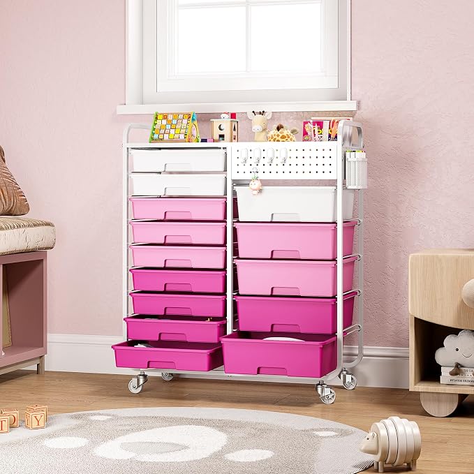 14 Drawer Rolling Storage Cart with Tabletop and Pegboard for Crafts Pink | Easy Setup, Large Capacity, Sturdy Build, Smooth Mobility, For classroom, office and dorm supplies - Image 2