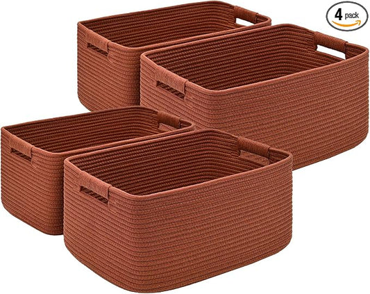 4 Pack Large Storage Basket for Organizing, 17.5"x13"x7" Woven Basket for Shelves, Closet Cube Storage Bins with Wrapped Handle, Cotton Rope Baskets for Kitchen, Clothes, Toys(Oxide Red) by Degeyoyo