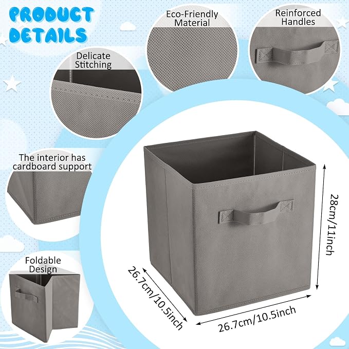 Yinder 12 Pcs Cube Storage Bin Grey 10.5''x10.5''x11'' Storage Bins for Playroom Decor Colorful Bins for Kids Foldable Baskets for Nursery Organizer Boxes Fabric Boxes - Image 2