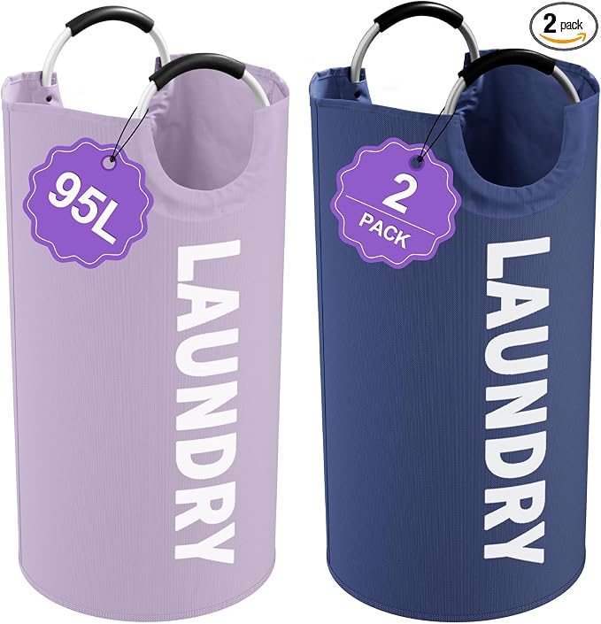 2PCS 95L Collapsible Laundry Basket, Dirty Clothes Hamper for Family | IHOMAGIC Padded Handle Dirty Clothes Hamper, Freestanding Storage Basket For Bedroom, Travel, Camping, Purple+Navy Blue by IHOMAGIC