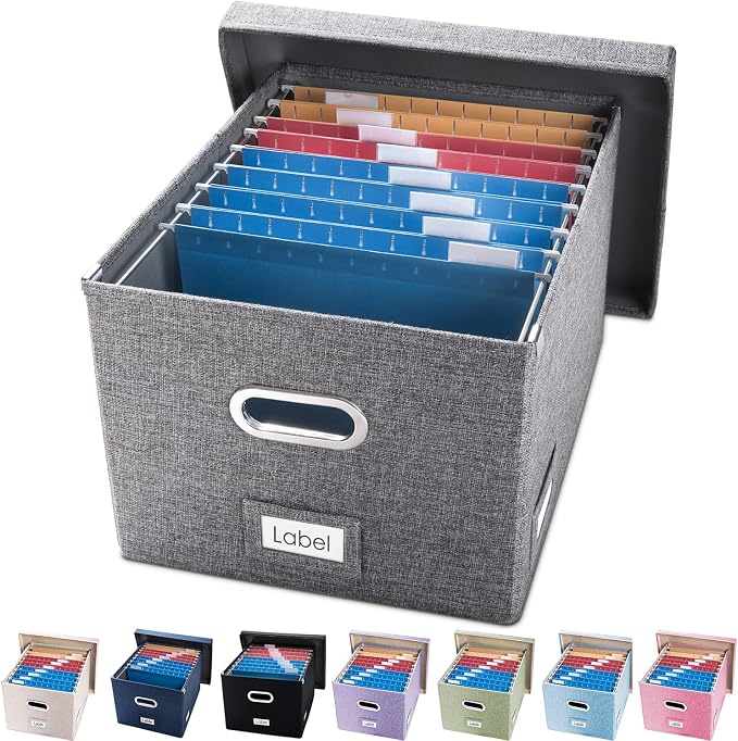 File Organizer Box - Set of 1 Collapsible Decorative Linen Filing Storage Hanging File Folders with Lids Office Cabinet Letter/Legal Size Grey (17x14x11.2 inch) by Prandom