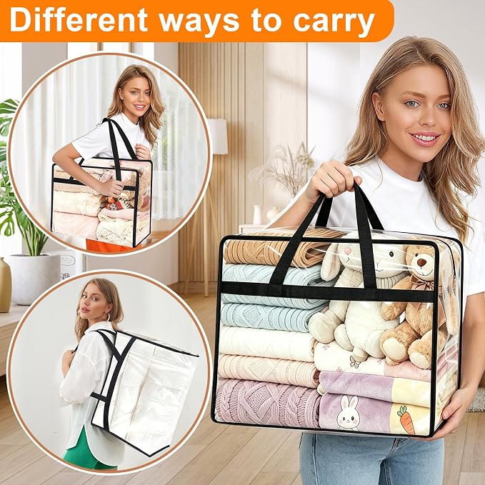 4 Pack Clear Clothes Storage Bags, 40L Vinyl Blanket Storage Containers with Heavy Duty Zipper, Foldable Moving Bags, Closet Organizers for Bedding, Clothing, Comforters, Linens, Duvet - Image 2