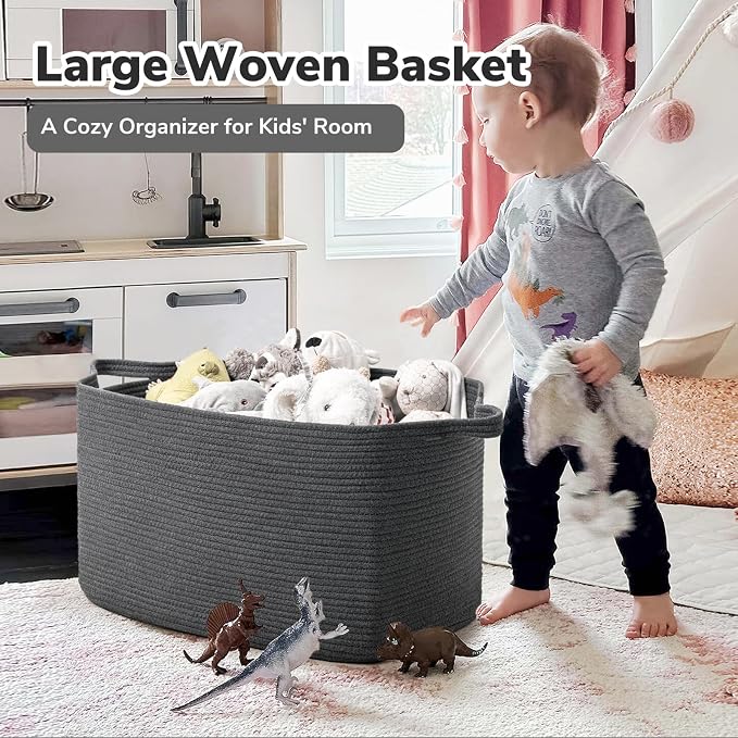 Goodpick 85L Large Woven Rope Blanket Basket, Rectangle, Dark Gray | 23.6'' x 15.7'' x 13.8'' Storage Basket for Blankets, Clothes, Toys & Pillows, Living Room, Bedroom & Nursery Organization - Image 2