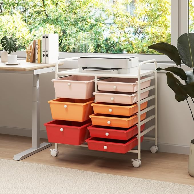 9 Drawer Rolling Storage Cart, Rolling Cart with Drawers for Classroom, Art Supply Craft Organizer on Wheel with Metal Frame & Handles for Home Office School - Image 2