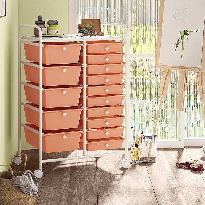 COSTWAY 15 Drawer Rolling Storage Cart, Mobile Storage Organizer | Removable Drawers & Metal Frame, Multipurpose Utility Tools Paper Organizer on Wheels for Home, Office (Peach) - Image 2