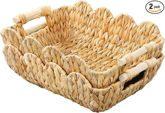Coeusy Gift Basket, Cute Wicker Basket for Gifts, Scalloped Woven Water Hyacinth Storage Basket with Wooden Handles for Snack, Display, Shelves, 2 Pack by WEAVECOMFORTINTOEVERYCORNER