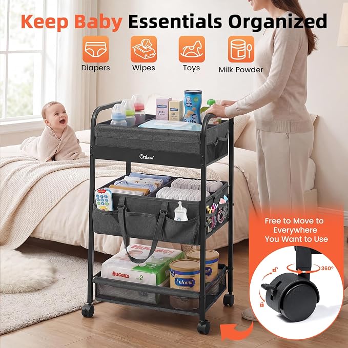 Orzbow Diaper Caddy cart, 3 Tier Baby Rolling Storage Cart | Detachable Infant Essentials Nursery Storage for Bedroom, Changing Table & Crib - Image 6