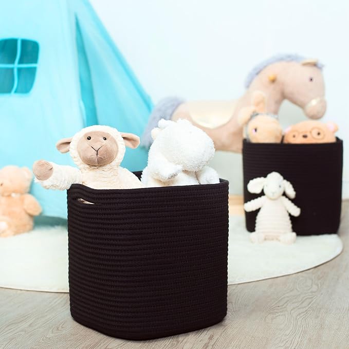 3-Pack 11x11 Inch Cube Storage Bin, Woven Organizer, Closet Cute Square Bins, Decorative Classroom Bathroom Pantry and Shelf Baskets, Full Black (MD-196) - Image 3