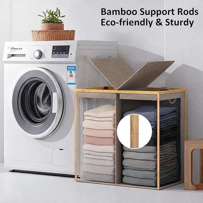 efluky Laundry Hamper with Lid, Double Laundry Basket with 2 Removable Bags, 2 Section Laundry Bin with Bamboo Handles for Bathroom, Bedroom & Laundry Room, 140L (36.9 Gallon) Brown - Image 8