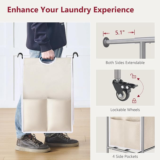 Laundry Hamper with Hanging Rack, Laundry Sorter 3 Section, Beige | 39 Gal Rolling Laundry Cart with Heavy Duty Lockable Wheels and Removable Bags for Laundry Room, Bedroom & Family - Image 6