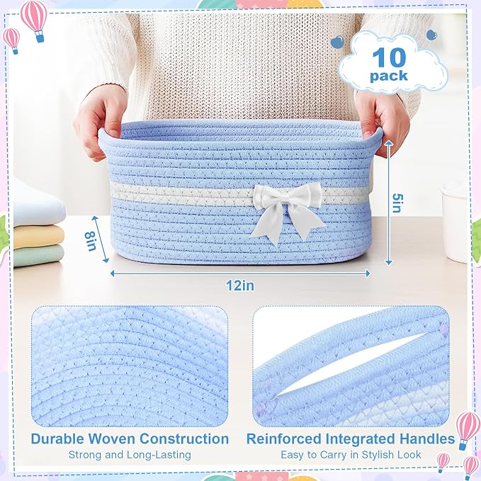 10 Pack Empty Gift Baskets, 12x8x5 Small Blue Woven Cotton Rope Baskets with Gift Bags & Ribbons, Decorative Baby Shower Hamper, Nursery Storage Basket with Handles for Shelves - Image 3