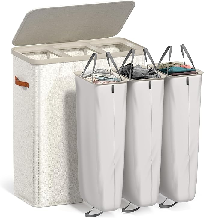 Sorbus Laundry Hamper with Lid - Collapsible 3-Compartment Fabric Laundry Basket with Handles and Removable Laundry Bag – 50 Gallon (190 L) Dirty Clothes Hamper for Bedroom, bathroom and dorm (Beige) by Sorbus