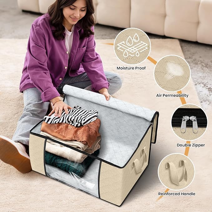 3 Pack Storage Bags for Clothes Blanket Storage Bins with Lids | Foldable Closet Organizers with Zippers,Window and Handles,Fabric Storage Bins for Sweater,Comforter,Bedding,Dorm essentials - Image 4