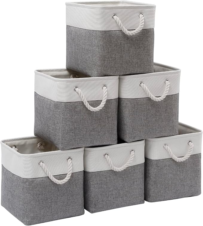 Cube Storage Bins, 6 Pack Collapsible Fabric Storage Cubes, 11 Inch Cube Organizer Bins with Handles (White/Gray) by BOFUGA