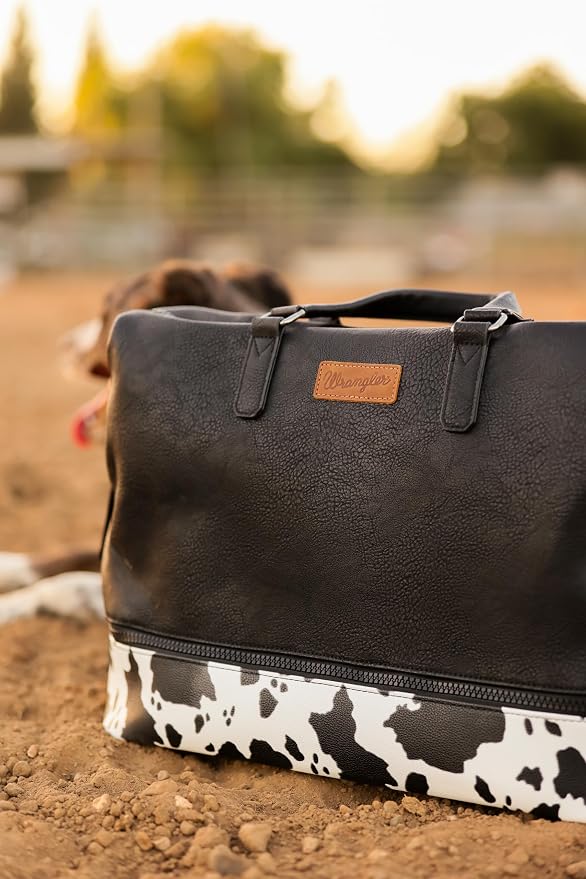 Wrangler Travel Duffel Bag Carry On Overnight Bag with Shoe Compartment Cow Print Weekender Bag for Women WG253-5110COW-BK - Image 3