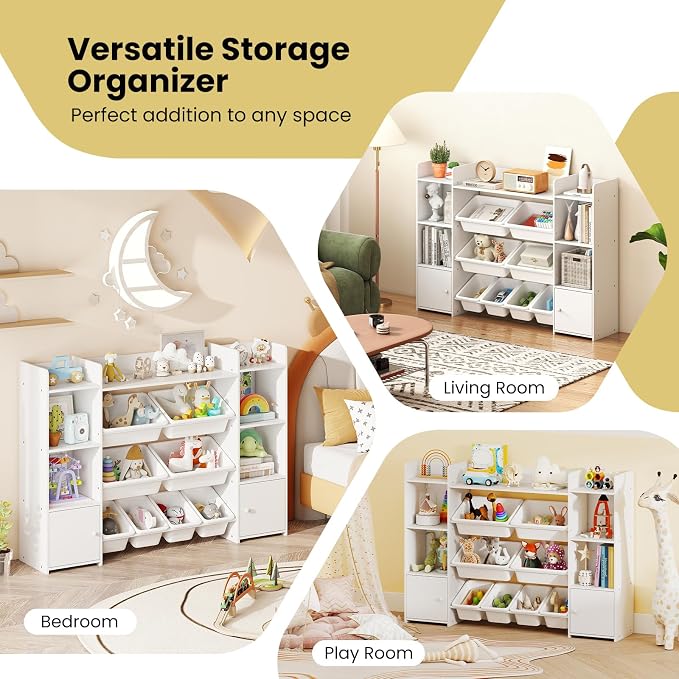 Costzon 56'' Kids Toy Storage Organizer with 8 Removable Bins, 4-Tier Toddler Bookshelf Cubbies, Preschool Children's Montessori Bookshelf w/6 Large Cabinet for Playroom, Daycare, Kids Room, Classroom - Image 9